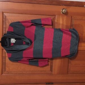 Women Cowl Neck Striped Sweater - Gray and Red